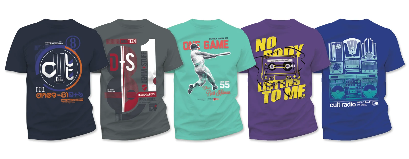 Vijf T-shirts met verschillende ontwerpen van Frank Moos
