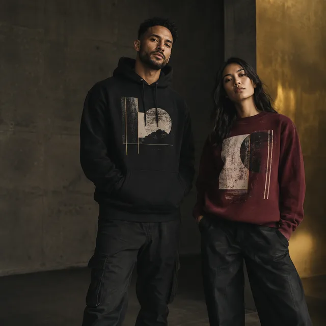 Twee modellen dragen een bedrukte hoodie en sweater