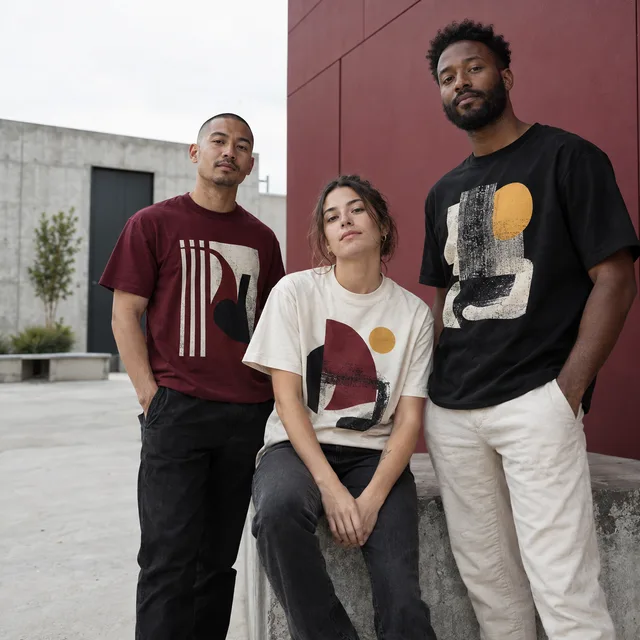 Drie modellen dragen verschillende bedrukte T-shirts