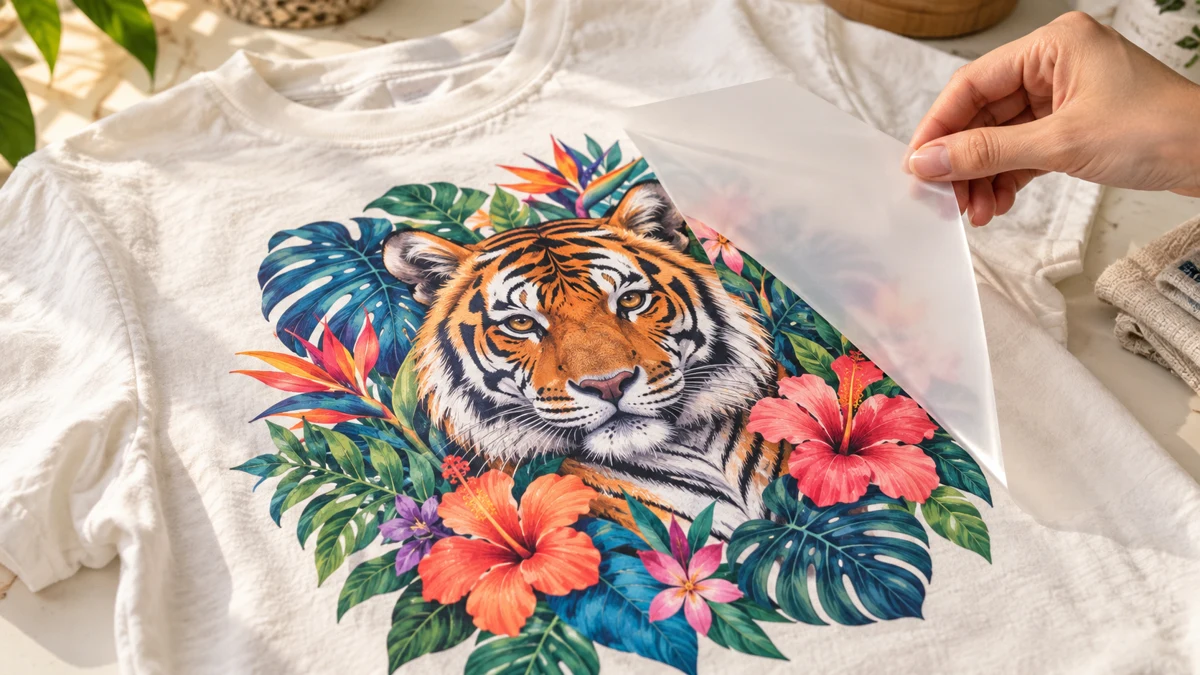 Sfeerbeeld van een kleurrijke tijgerprint als DTF-transfer op een wit shirt