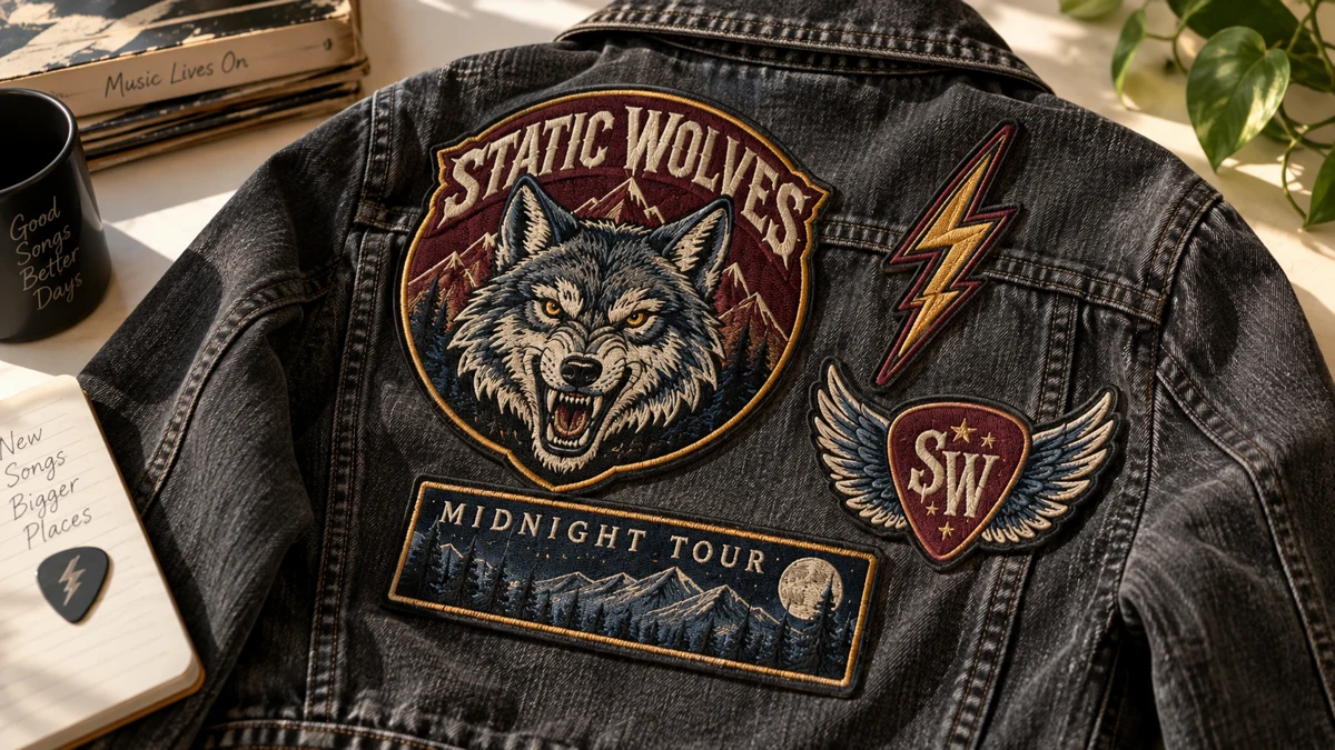 Sfeerbeeld van patches van de fictieve band Static Wolves op denim